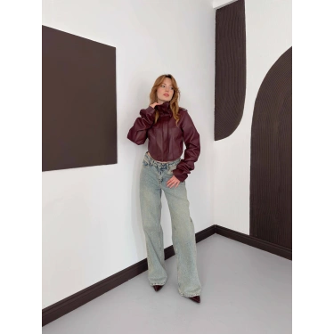 Korse Detaylı Premium Tasarım Deri Ceket Bordo