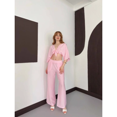 Keten Önden Bağlama Detaylı İkili Takım Pembe