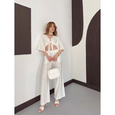 Keten Önden Bağlama Detaylı İkili Takım Beyaz