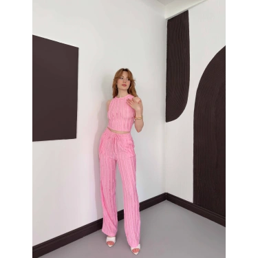 Gofre Kumaş Ters Dikiş Halter Yaka Takım Pembe