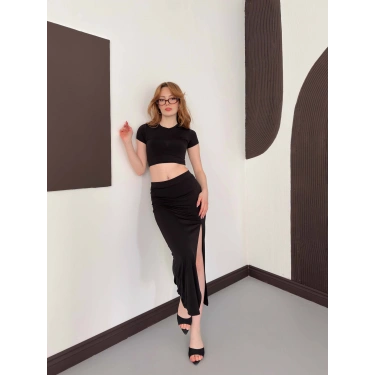 Yırtmaç Detaylı Crop - Etek Takım Siyah