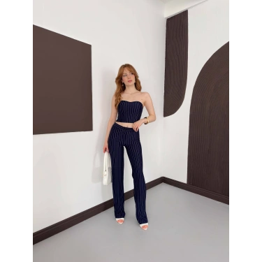 Çizgi Detaylı Crop - Pantolon Takım Lacivert