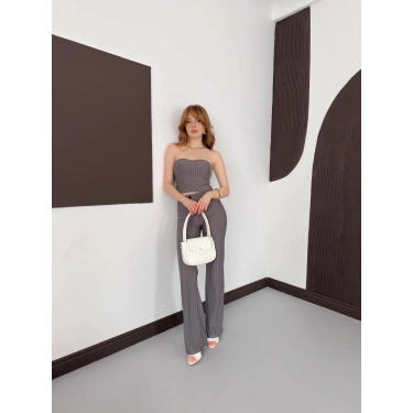 Çizgi Detaylı Crop - Pantolon Takım Gri