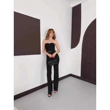 Çizgi Detaylı Crop - Pantolon Takım Siyah