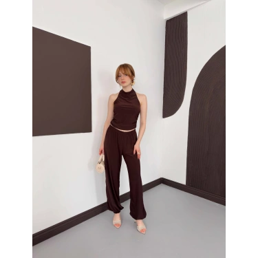 Boyundan Bağlamalı Pantolonlu İkili Takım Kahve