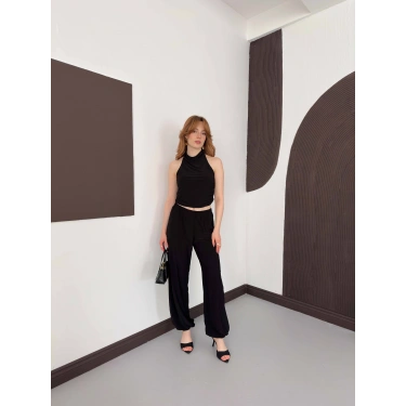 Boyundan Bağlamalı Pantolonlu İkili Takım Siyah