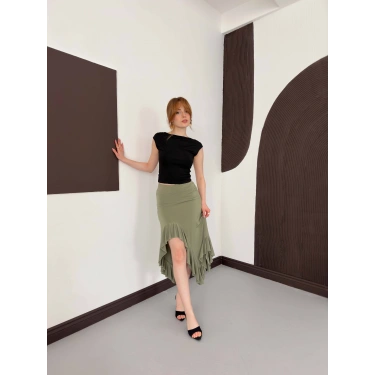 Yırmaç Detaylı Fırfırlı Sandy Etek Yeşil