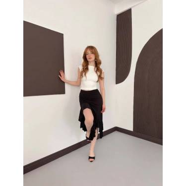 Yırmaç Detaylı Fırfırlı Sandy Etek Siyah