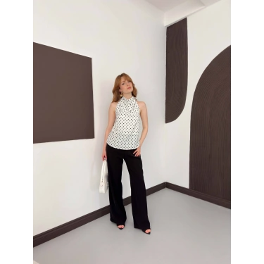 Puantiyeli Boyundan Bağlamalı Bluz Beyaz