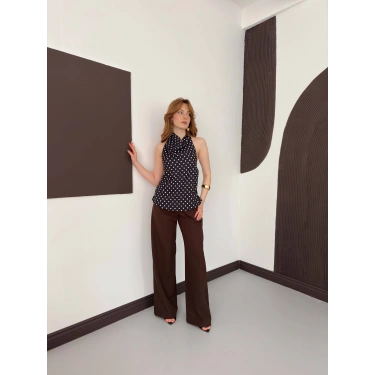 Puantiyeli Boyundan Bağlamalı Bluz Siyah