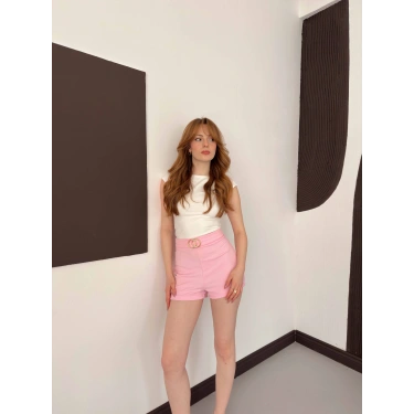 Kemer Detaylı Şort Pembe