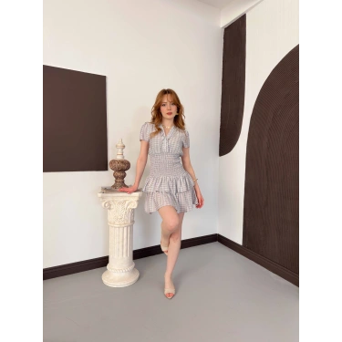 Büzgülü Bel Ekose Fırfırlı Mini Elbise Bebemavisi