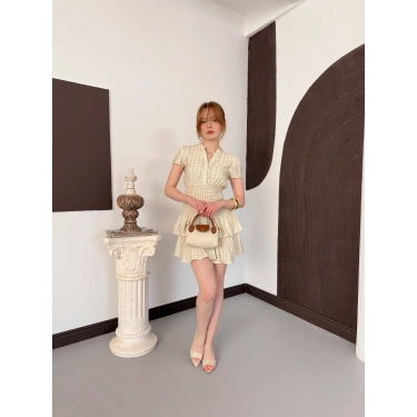 Büzgülü Bel Ekose Fırfırlı Mini Elbise Sarı