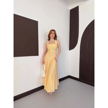 Pötikareli Kare Yaka Midi Elbise Sarı
