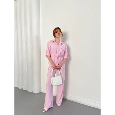Bel Büzgü Detalı Gömlek-Pantolon Takım Pembe