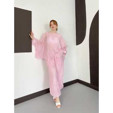 Uçuşan Pelerin Bluz-Pantolon Takım Pembe