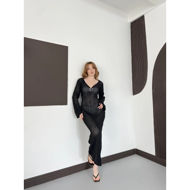 Pencere Detaylı Ajurlu Triko Elbise Siyah