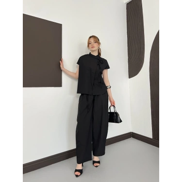 Poplin Bağlama Detaylı Bluz-PAntolon Takım Siyah