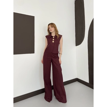 Büyük Düğme Detaylı Yelek-Pantolon Takım Bordo