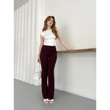 Çift Düğme Detaylı İspanyol Paça Pantolon Bordo