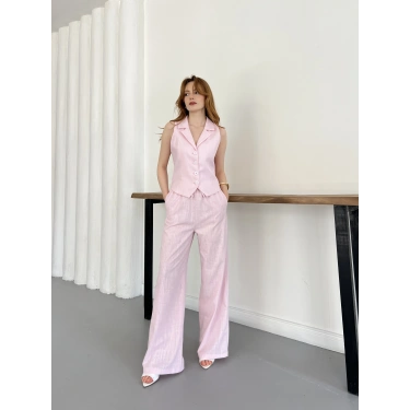 Arka Bağlama Detaylı Yelek-Pantolon Keten Takım Pembe