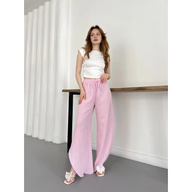 Keten Kumaş Yırmaç Detay Bağlama Pantolon Pembe