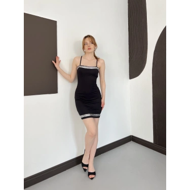 Zımba Detaylı Askılı Mini Elbise Siyah