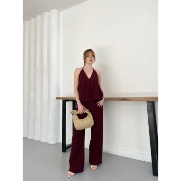Boyundan Bağlamalı Bürümcük Bluz-Pantolon Takım Bordo