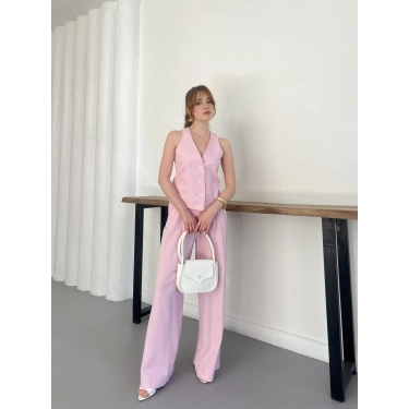Sırt Detaylı Keten Yelek-Pantolon Takım Pembe