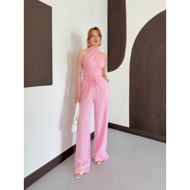 Boyundan Bağlamalı Keten Viral Takım Pembe