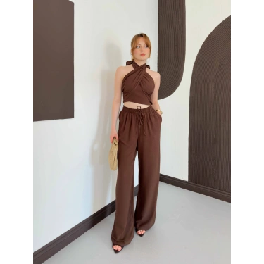 Boyundan Bağlamalı Keten Viral Takım Kahve