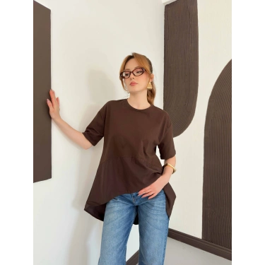 Modal Kumaş Garnili Asimetrik Oversize Tişört Kahve