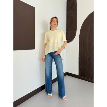 Modal Kumaş Garnili Asimetrik Oversize Tişört Sarı