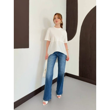 Modal Kumaş Garnili Asimetrik Oversize Tişört Ekru