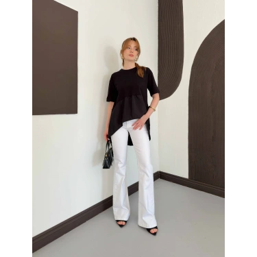 Modal Kumaş Garnili Asimetrik Oversize Tişört Siyah