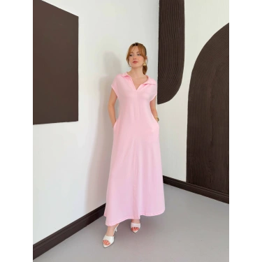Pola Yaka Cepli Örme Elbise Pembe