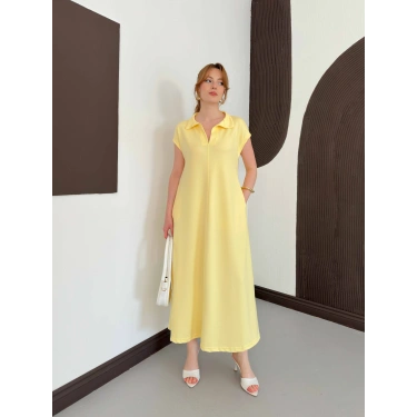 Pola Yaka Cepli Örme Elbise Sarı