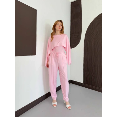 Pelerin Detaylı Bluz Bel Lastikli Pantolon Takım Pembe