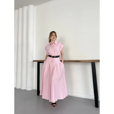 Ham Keten Kumaş Kemer Detaylı Gömlek Elbise Pembe