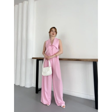 Yaka Detaylı Keten Kumaş Yelek-Pantolon Takım Pembe