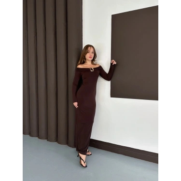 Aksesuar Detaylı Madonna Sandy Elbise Acı Kahve