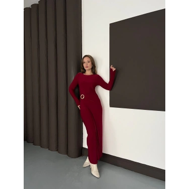 Aksesuar Detaylı Sandy Uzun Elbise Bordo