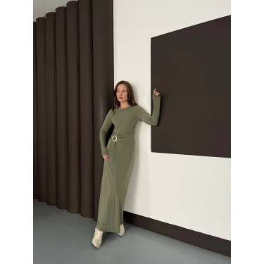 Aksesuar Detaylı Sandy Uzun Elbise Haki