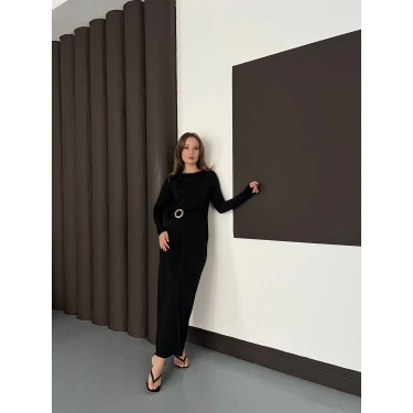 Aksesuar Detaylı Sandy Uzun Elbise Siyah