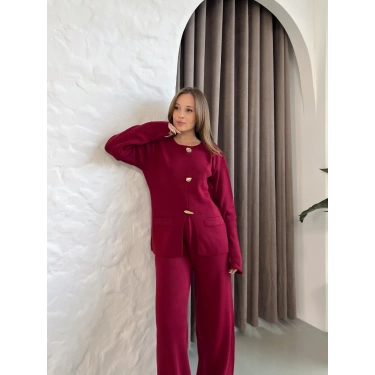 Aksesuar Detaylı Triko Takım Bordo