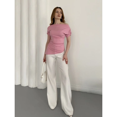 Asimetrik Kesim Tek Omuz Bluz Pembe