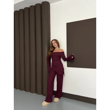 Asimetrik Madonna Yaka Takım Bordo