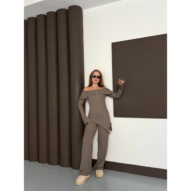 Asimetrik Madonna Yaka Takım Vizon