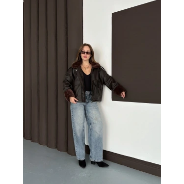 Astar Peluş Detaylı Deri Ceket Acı Kahve