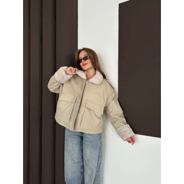 Astar Peluş Detaylı Deri Ceket Bej